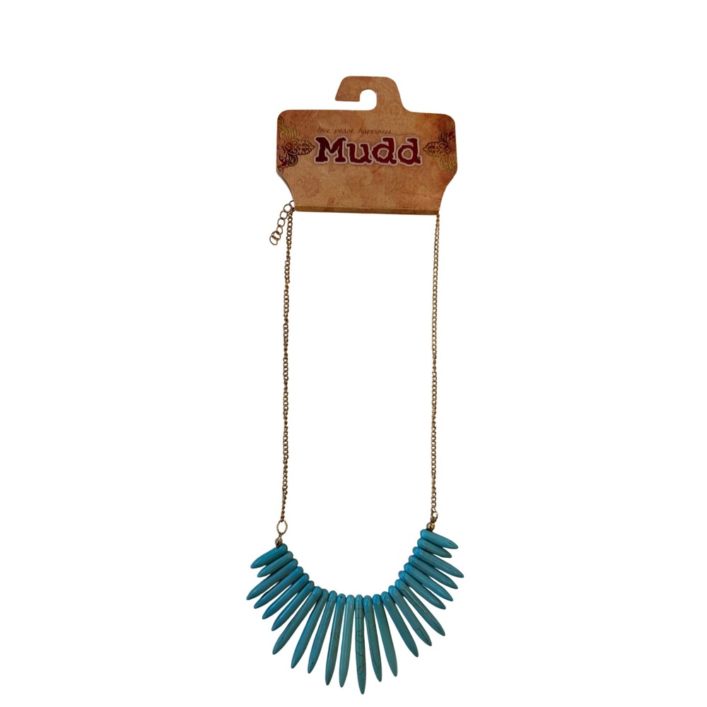 Mudd Turquoise Spike Fringe Necklace Gold Tone Boho Statement Jewelry NWT